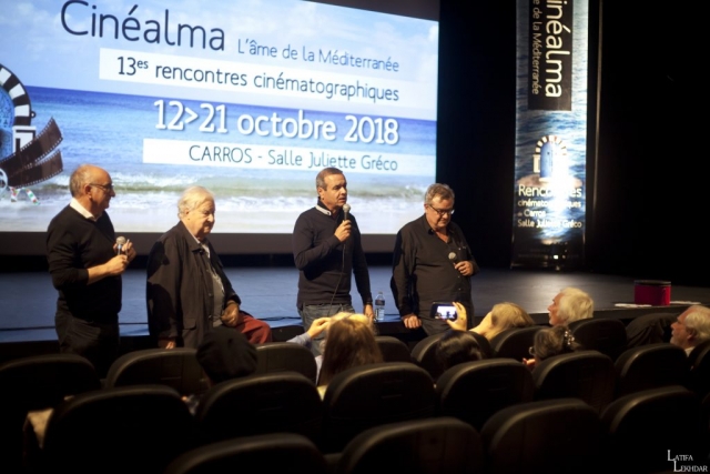 Charles Scibetta, Maire de la ville de Carros ; Nidhal Chatta, réalisateur du film "Mustafa Z"; Férid Memmich , producteur et acteur du film et Hubert Corona, de l'association Cinéactions